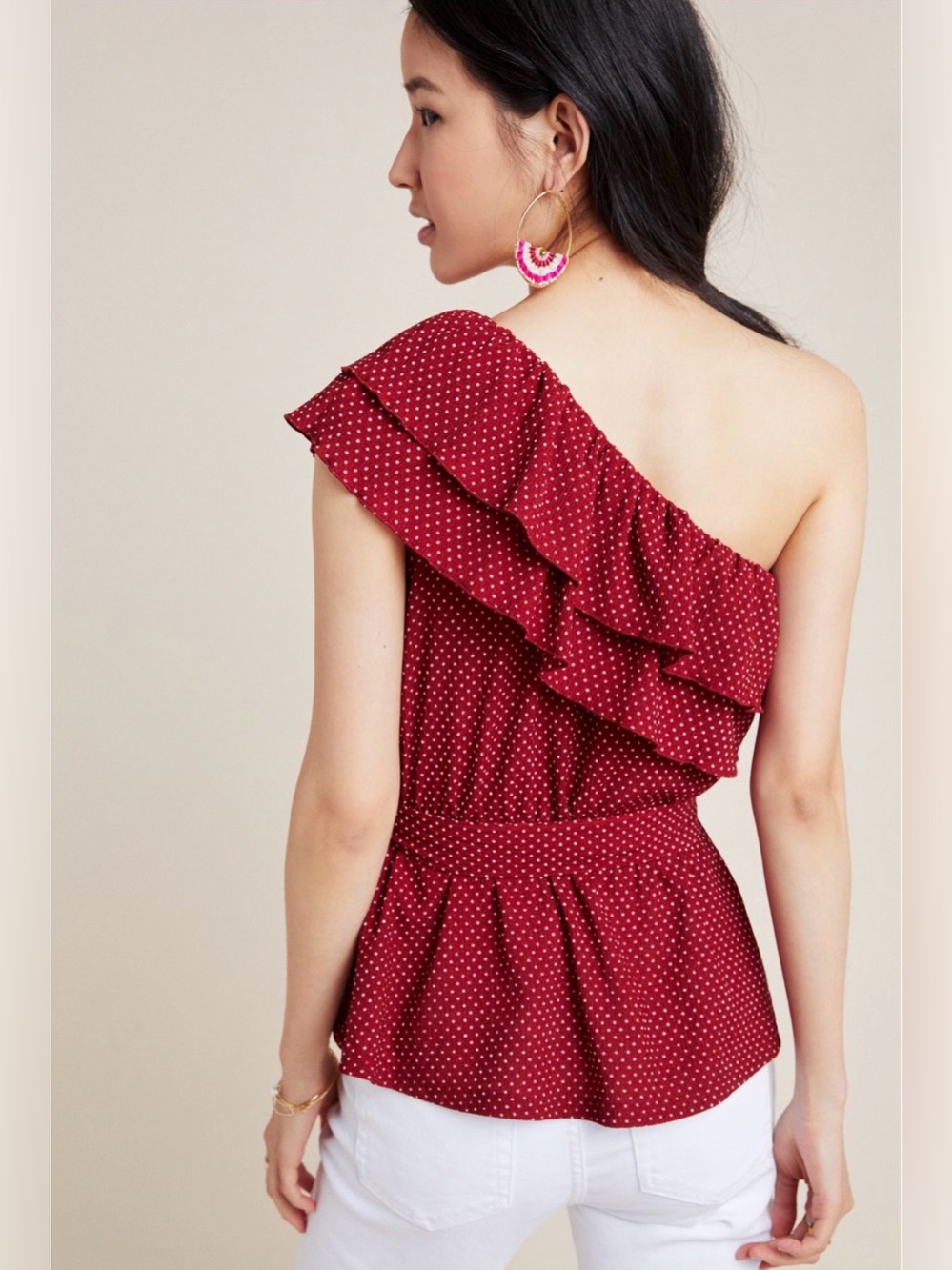 Maeve Anthropologie Rita One Shoulder Ruffle Tie Waist Top Small Wine Dot - Picture 2 of 8